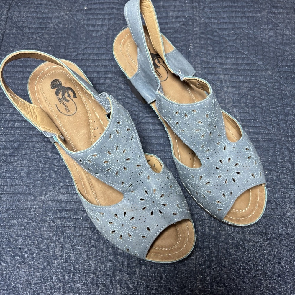 Sling Back Peep Toe Chunky Heel Sandals Blue Good Choice‎ Leatherette Size 9W
